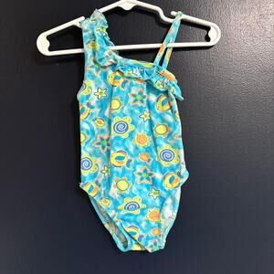 Vintage 90s One Piece Swimsuit Vibrant Neon Ruffle with Turtles Fish 12-18M